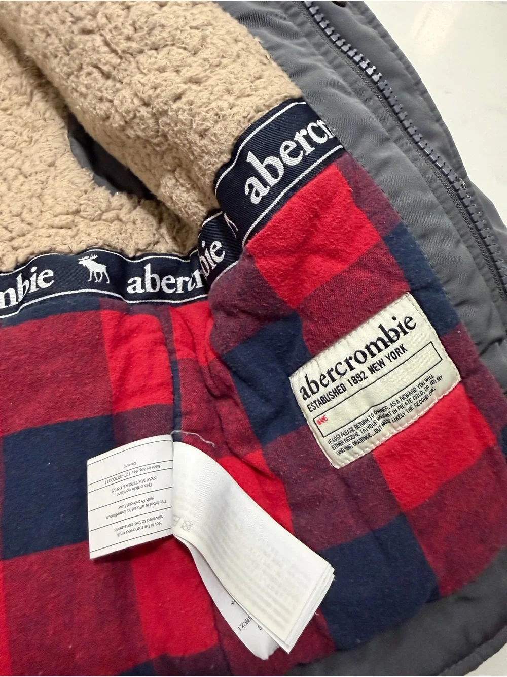 Abercrombie kids Gray Hooded Sherpa-Lined Puffer Jacket with Plaid Trim